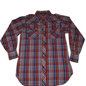 Vintage Lariat Western Pearl Snap Shirt Plaid Long Sleeve Size Med Made in USA